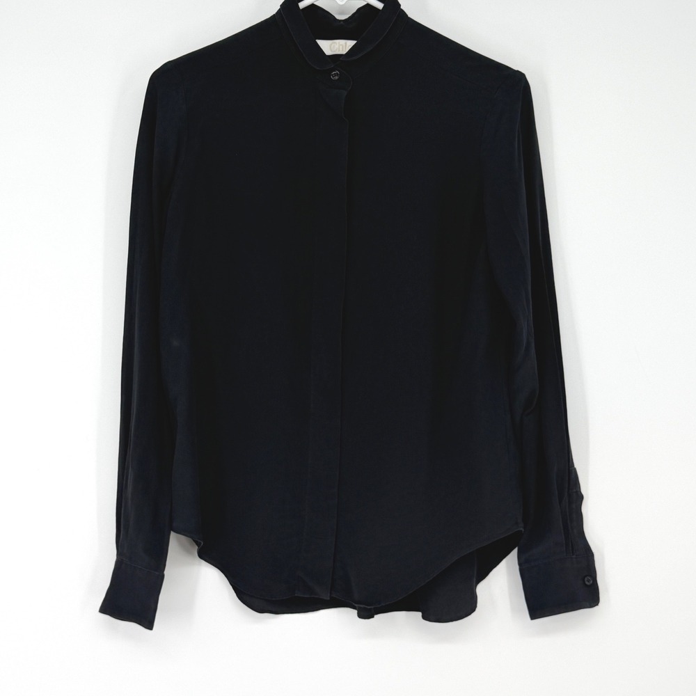 Chloe Womens Black 100% Silk Band‎ Collar Button Down Blouse Shirt 34 US 2